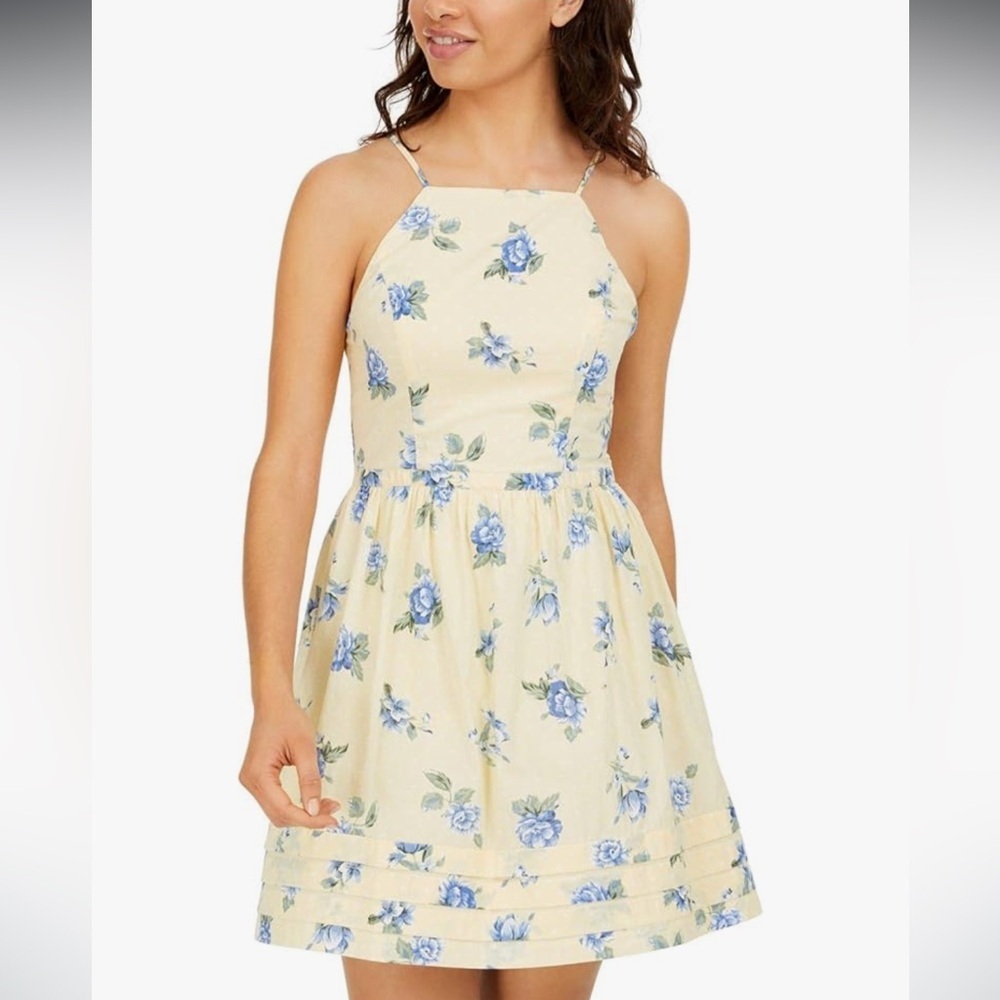 City Vibe Floral Halter Top Mini Dress Pale Yellow & Blue Floral Size S